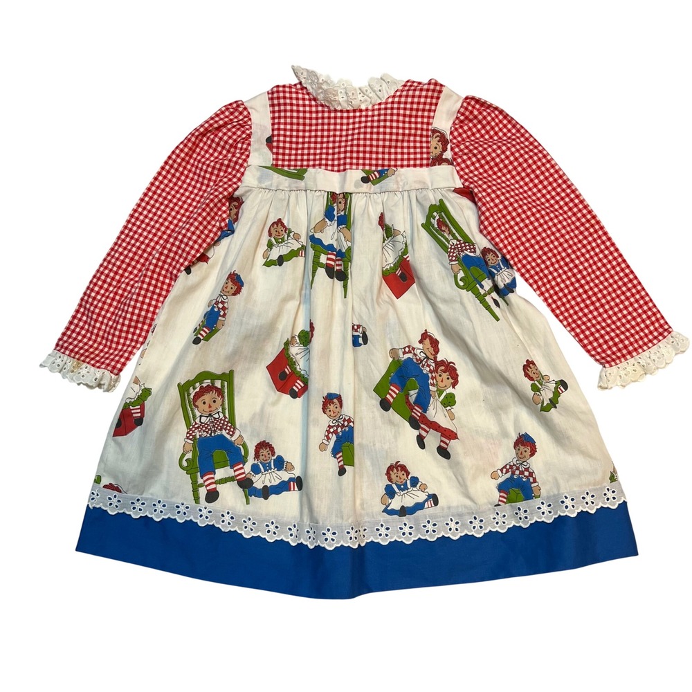 Vintage Montgomery Ward Raggedy Ann Andy Gingham Eyelet Dress Kids 6X Red Blue